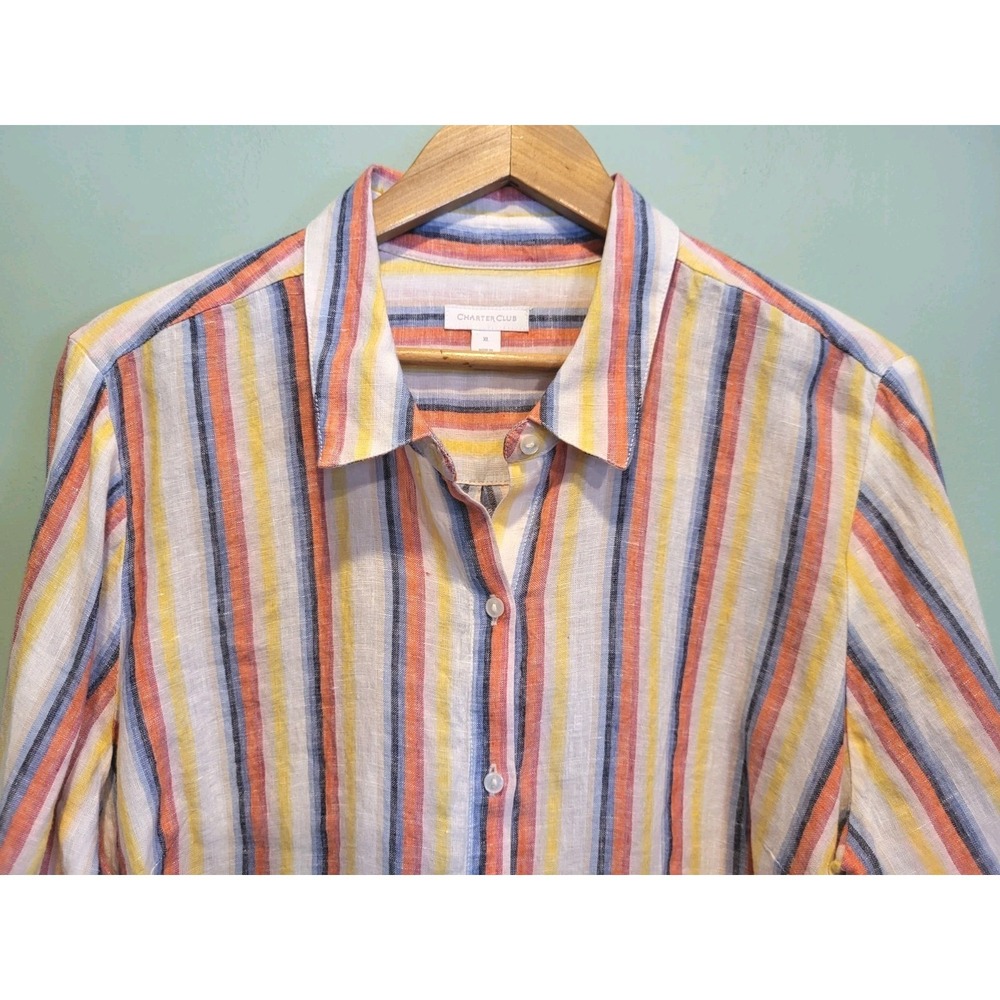 100% Linen Rainbow Stripe Long Roll Tab Sleeve Button Up Shirt  Sz XL